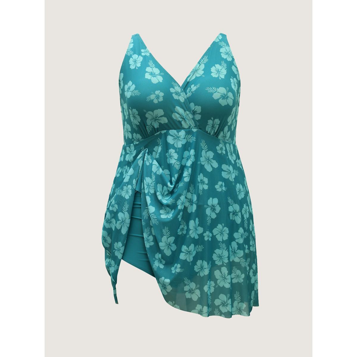 Plus Size Floral Mesh Surplice Swim Dress Women's Swimwear Teal Beach Bodycon Overlap Collar High stretch Curve Swim Dresses BloomChic 12/L Product Image