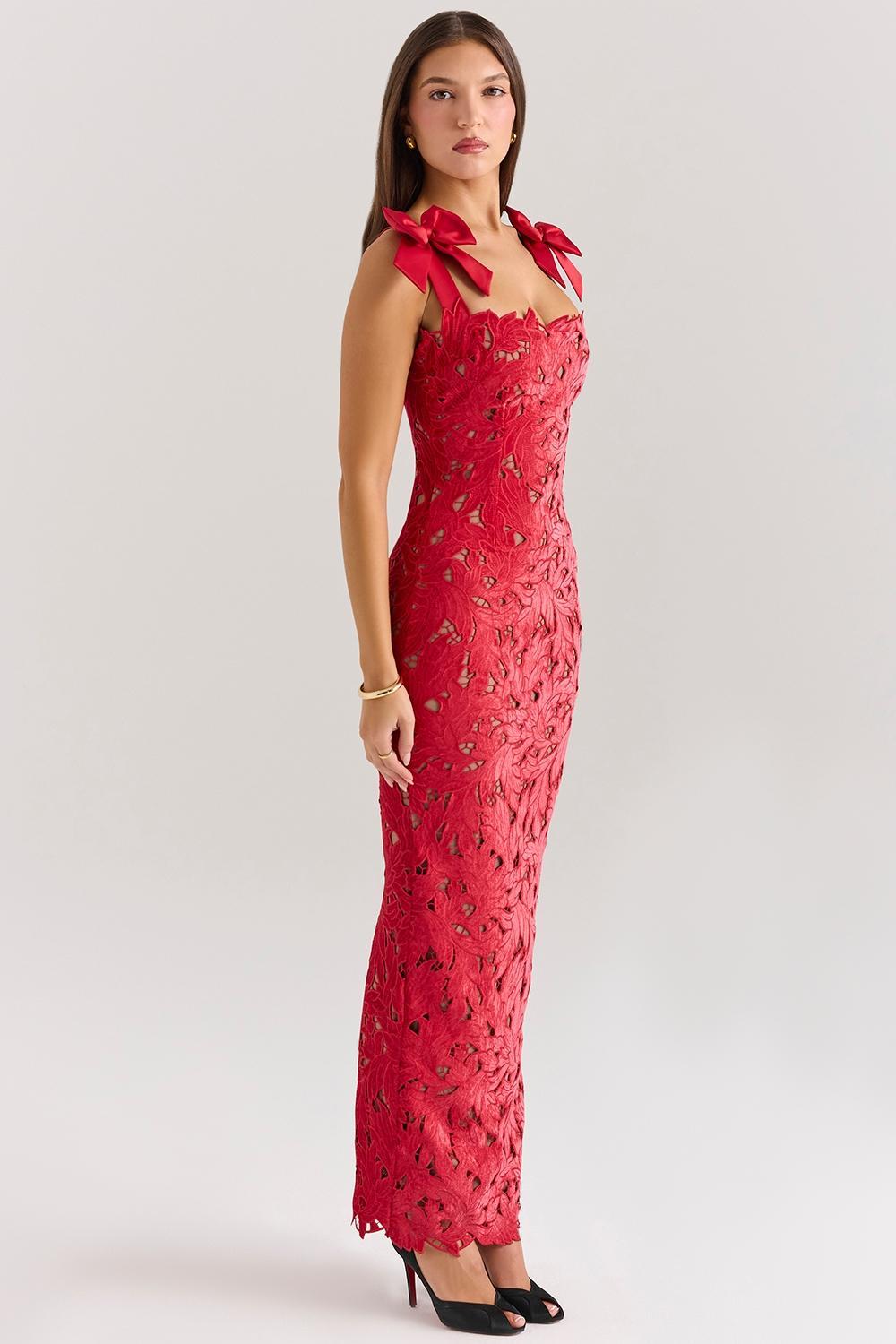 Tiff  holly red velvet lace maxi dress Product Image