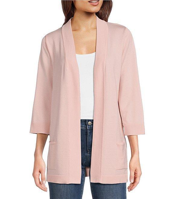 Leo & Nicole Ribbed Knit 3/4 Sleeve Open-Front Cardigan Product Image