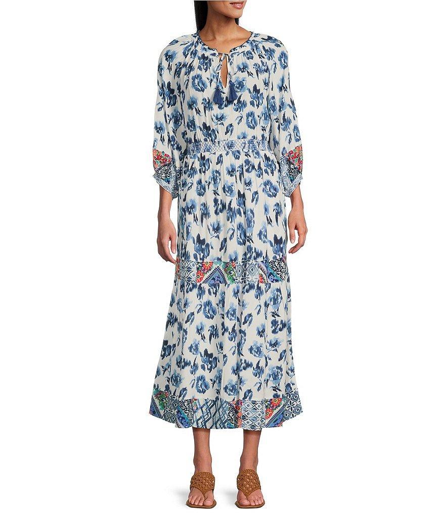 John Mark Mixed Print Y-Neck 3/4 Sleeve Tiered Midi Dress Product Image