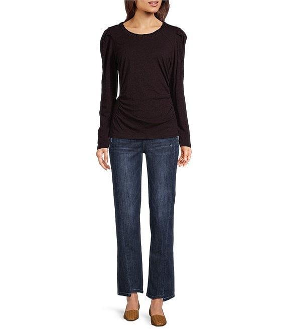 Democracy Petite Size Crew Neck Long Sleeve Soutache Side Ruched Detail Knit Top Product Image