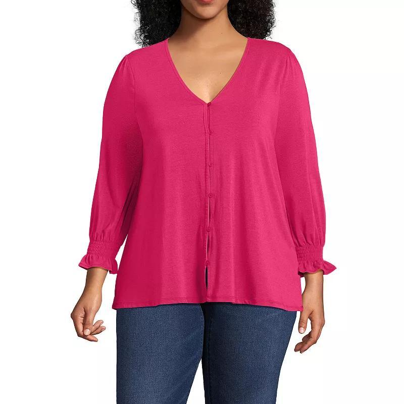 Plus Size Lands' End 3/4 Sleeve Lightweight Jersey Button Front Top, Women's, Size: 1XL, Deep  Blue Bloom Product Image