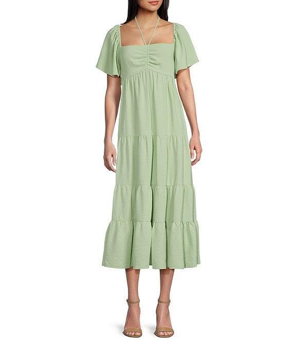 GB Tie Neck Short Sleeve Tiered Midi Dress Product Image
