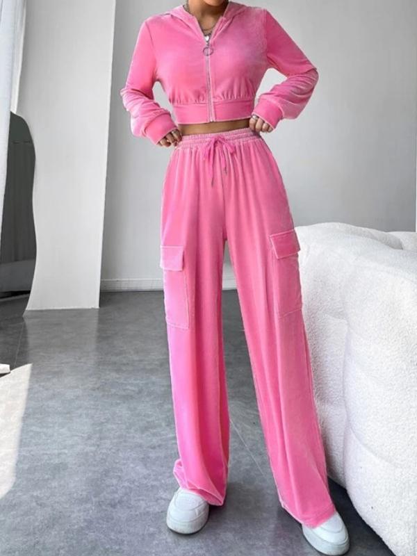 Solid Velvet Zip Up Hoodie & Flap Pocket Pants Set Product Image