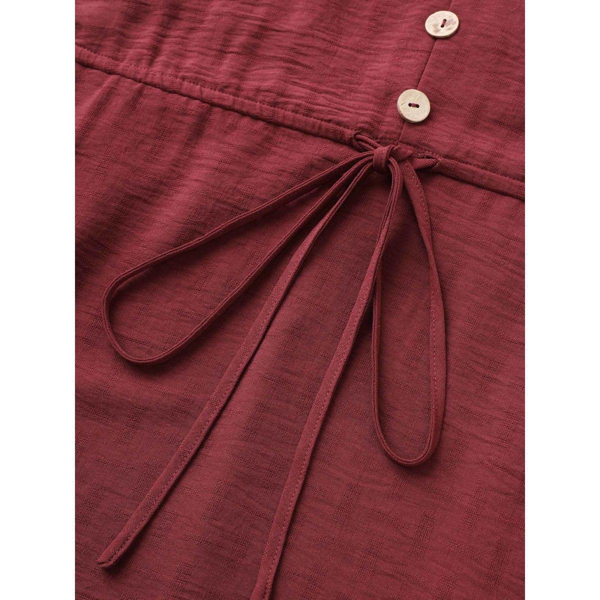 Plus Size Crochet Lace Mesh Button Detail Drawstring Dress Burgundy Women Resort Tie knot V-neck Half Sleeve Curvy Midi Dress BloomChic 14-16/1X Product Image