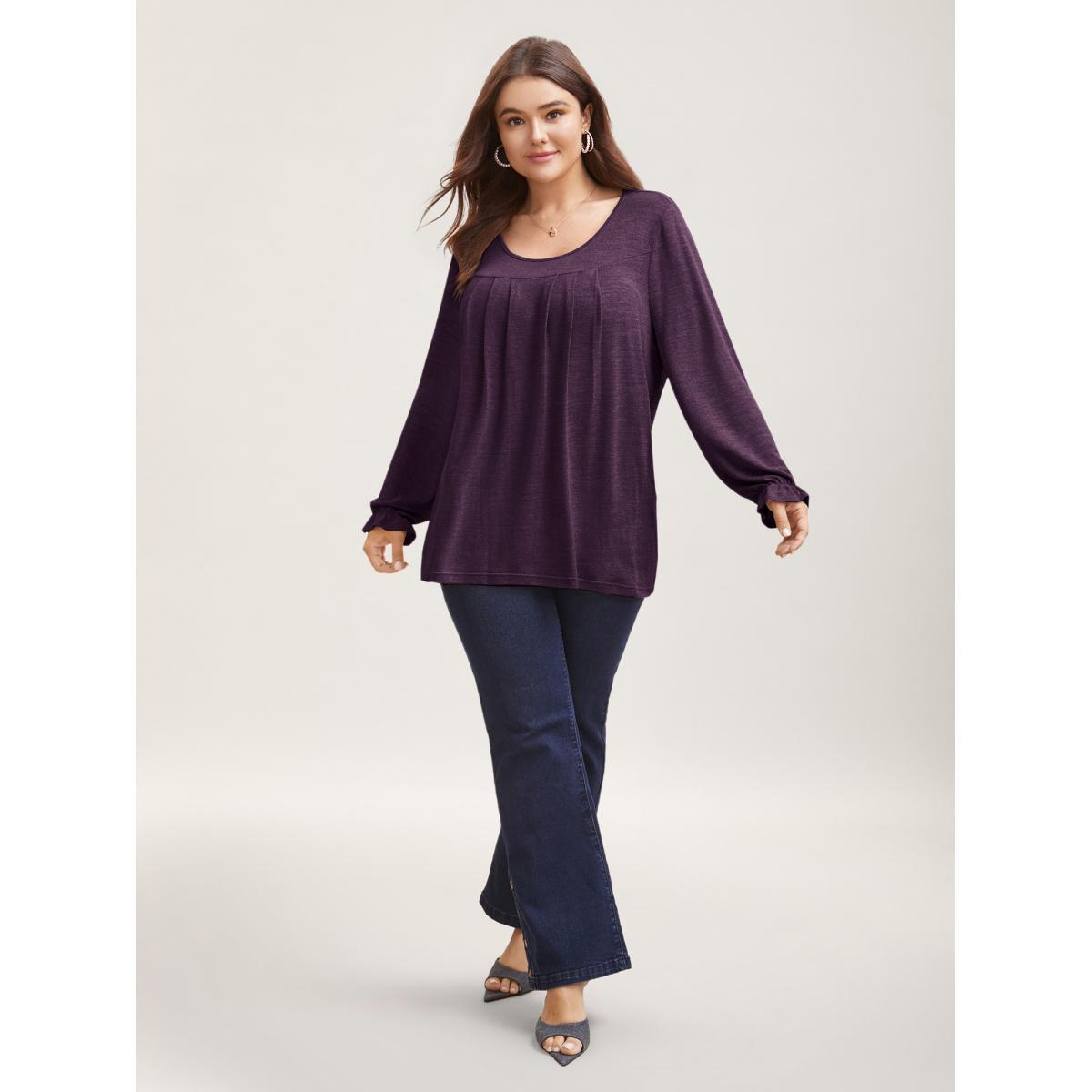 Plus Size Round Neck Heather Pleated T-shirt Eggplant Women Elegant Pleated Round Neck Loose Everyday T-shirts BloomChic 18-20/2X Product Image