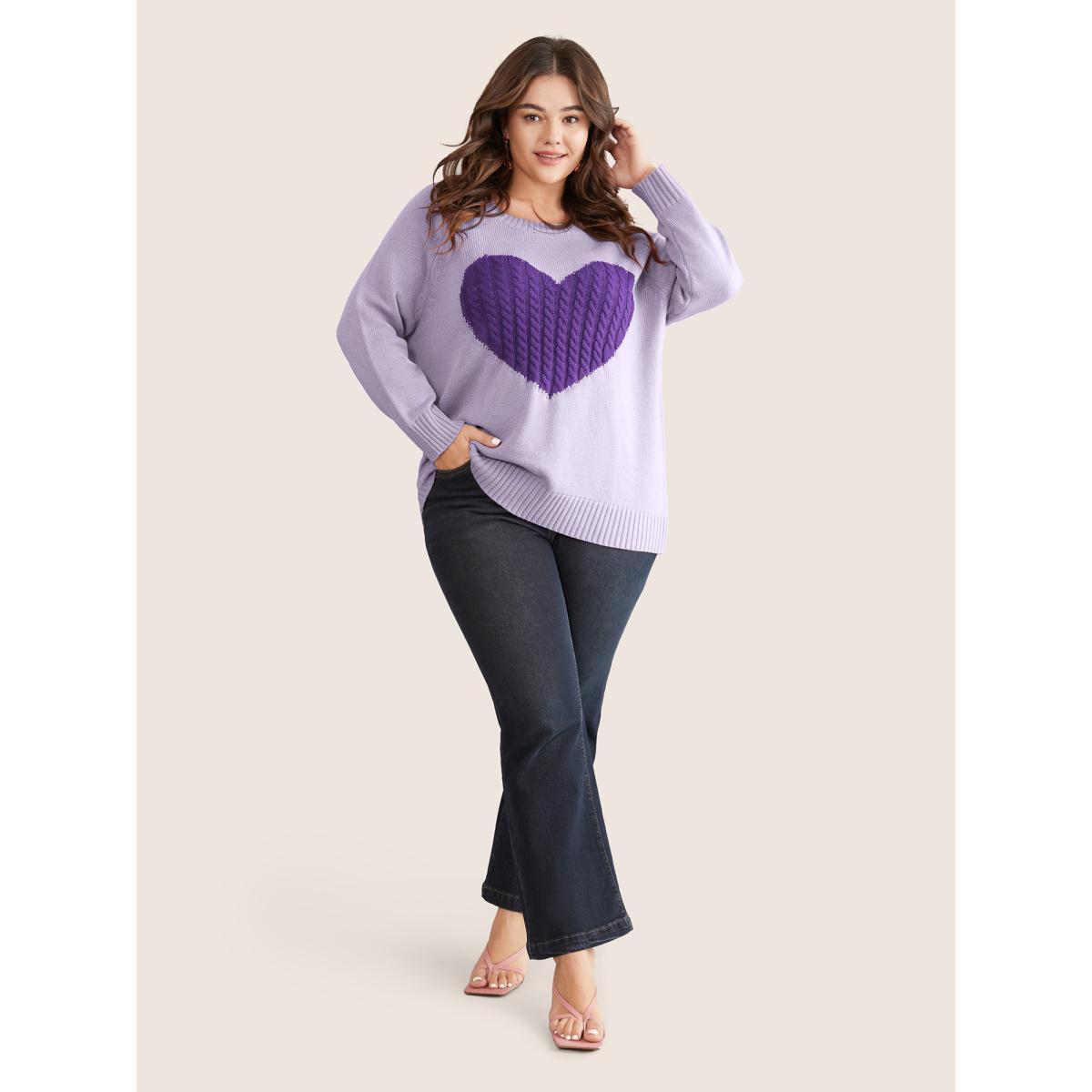 Plus Size Heart Cable Knit Two Tone Raglan Sleeve Pullover Lilac Women Casual Long Sleeve Round Neck Everyday Pullovers BloomChic 28/5X Product Image