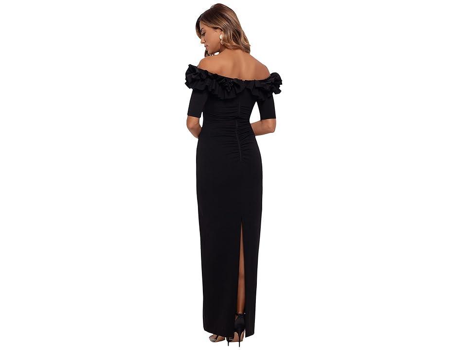 Xscape Petite Size Ruffled Off-the-Shoulder Short Sleeve Crepe Sheath Gown Product Image