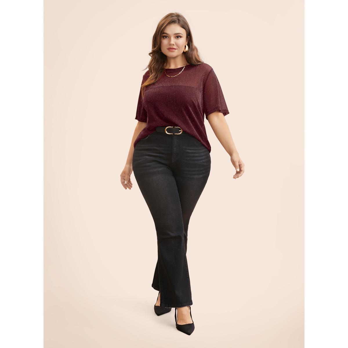 Plus Size Round Neck Luxe Mesh T-shirt Burgundy Women Elegant See through Round Neck Everyday T-shirts BloomChic 18-20/2X Product Image