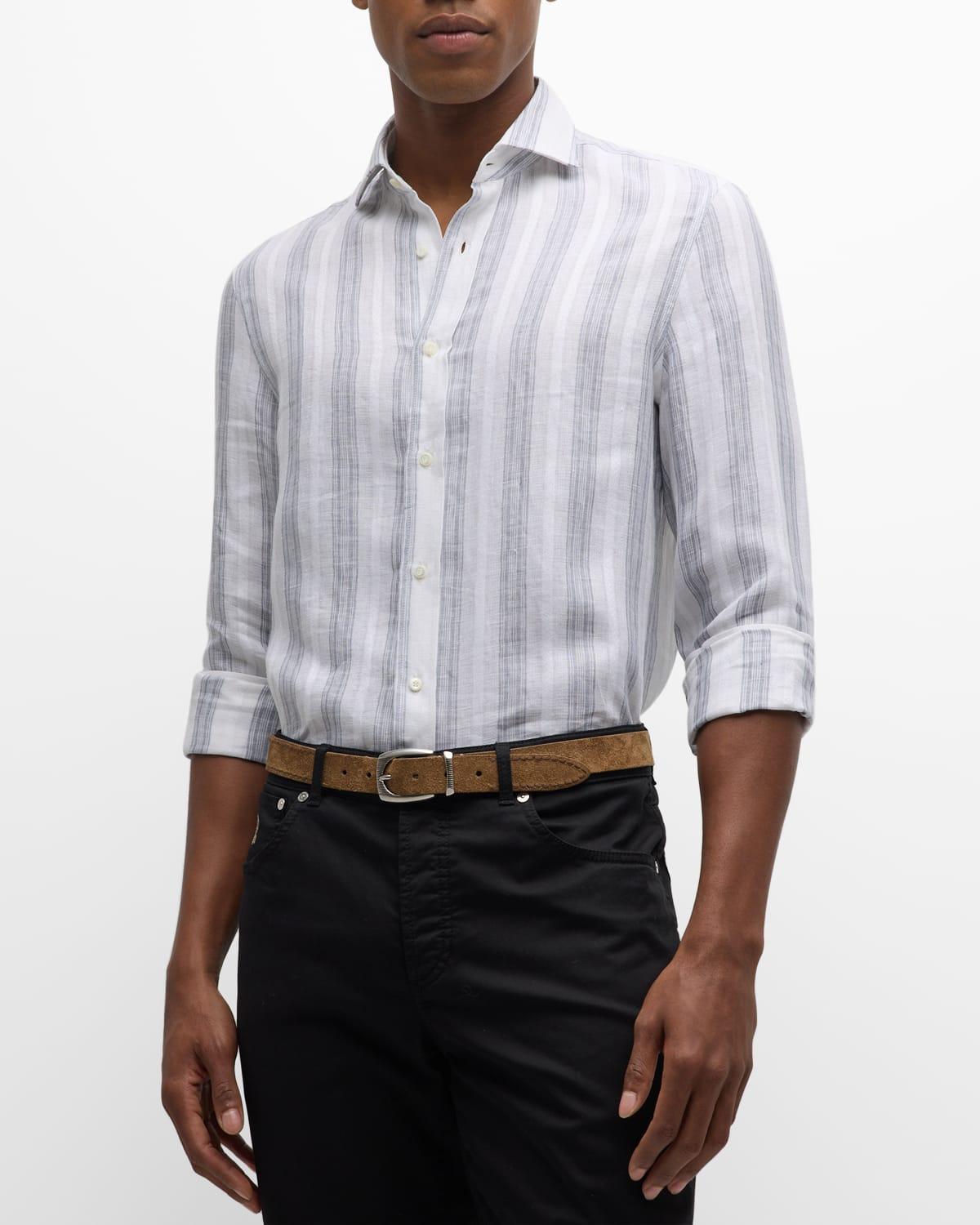 Men's Linen Multi-Stripe Casual Button-Down Shirt Product Image