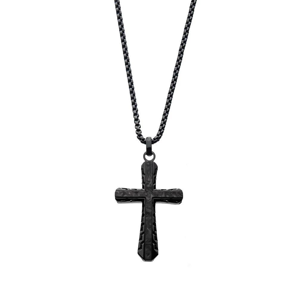 Men's Fine Silver Stainless Steel Black Carbon Epulchre Cross Pendant Necklace, Size: 24" Product Image