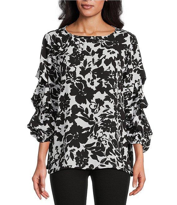 Slim Factor By Investments Black/White Ink Stroked Floral Print Kara Boat Neck 3/4 Tiered Sleeve Top Product Image