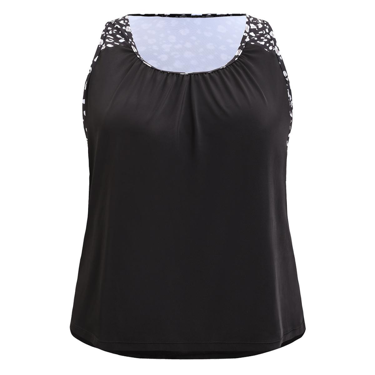 Plus Size Allover Patchwork Gathered Round Neck Tankini Top Women's Swimwear Black Vacation Gathered High stretch Round Neck Curve Swim Tops BloomChic 30/6X Product Image