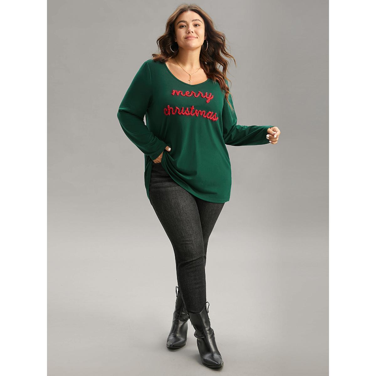 Plus Size Christmas Letter Embroidered Contrast T-shirt DarkGreen Women Casual Contrast Christmas Festival-Christmas T-shirts BloomChic 10/M Product Image