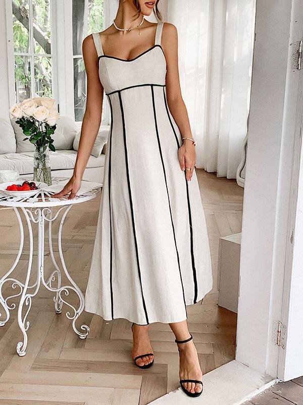A-Line High Waisted Contrast Color Zipper Spaghetti-Neck Midi Dresses Product Image