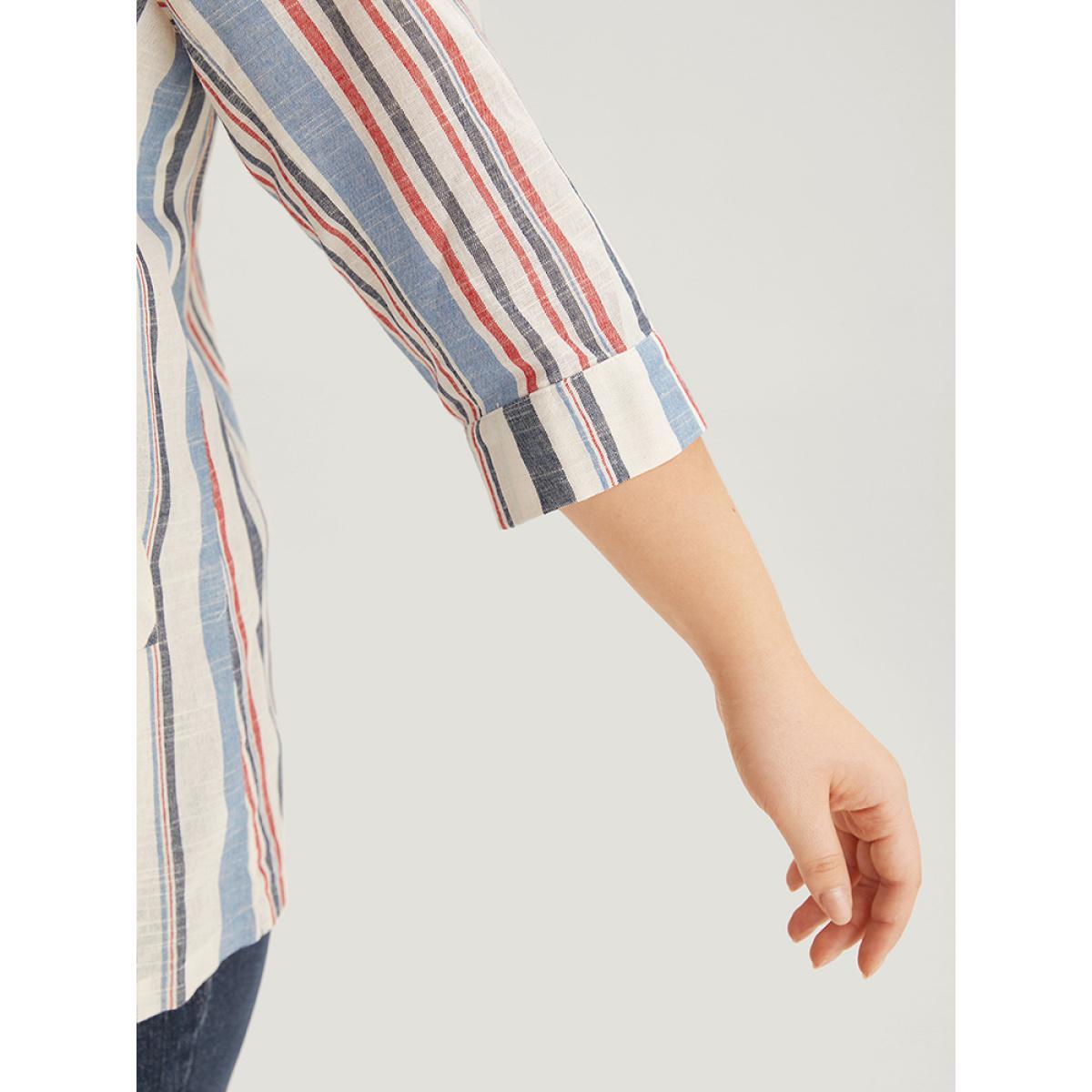 Plus Size Striped Lapel Collar Pocket Open Front Blazer DarkBlue Women Dailywear Striped Pocket Sleeve Elbow-length sleeve Lapel Collar 10/M Pocket Casual Blazers BloomChic Product Image
