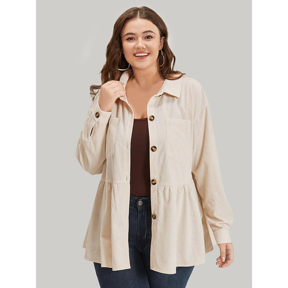 Plus Size Plain Shirt Collar Button Through Ruffle Hem Pocket Coat Women Beige Button Pocket Dailywear Jackets BloomChic 12/L Product Image