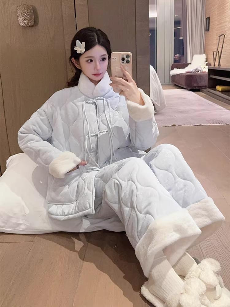 Pajama Set: Plain Fluffy Trim Shirt + Pants Product Image