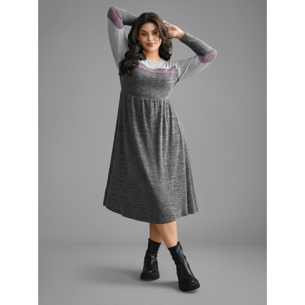 Plus Size Contrast Patchwork Elastic Waist Knit Dress DimGray Women Casual Contrast Knit Dresses Bloomchic 14-16/1X Product Image
