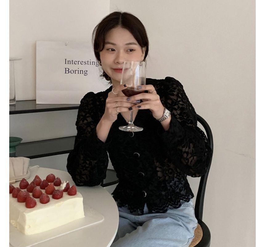 Long-Sleeve V-Neck Lace Cropped Blouse Product Image