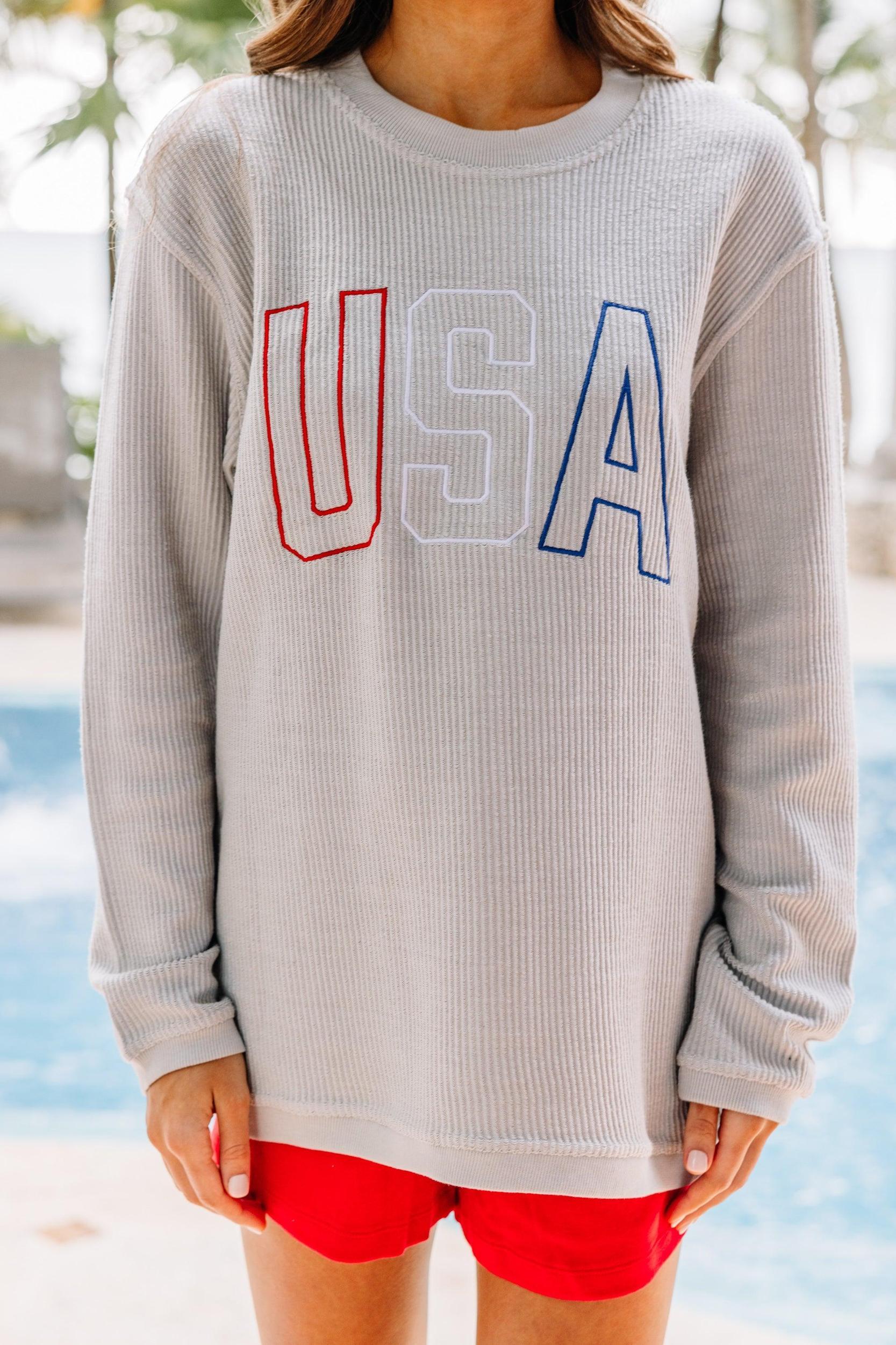 USA Silver Gray Embroidered Corded Sweatshirt Female Product Image