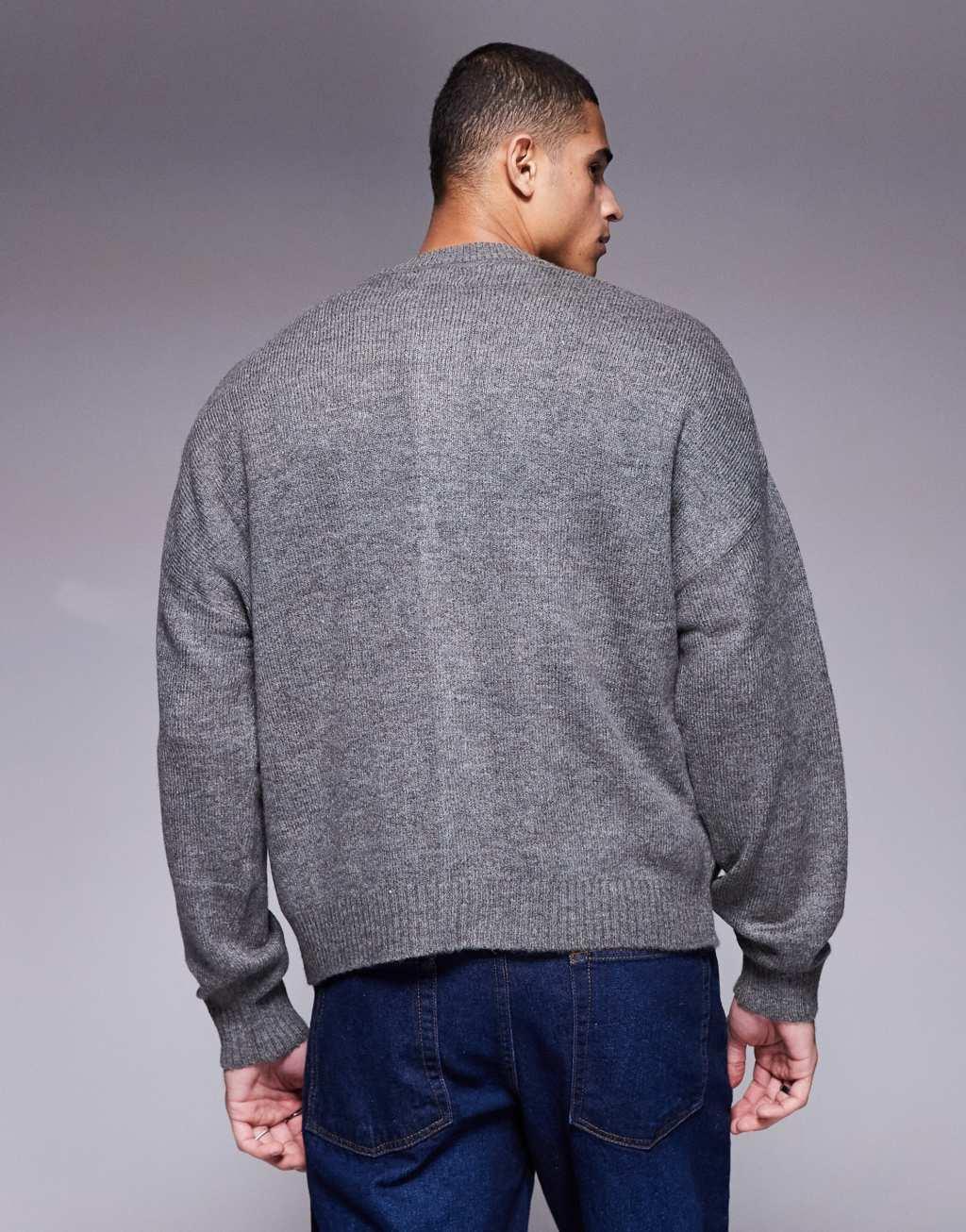 ASOS DESIGN oversized boxy knitted crew neck cardigan with pockets in charcoal Product Image