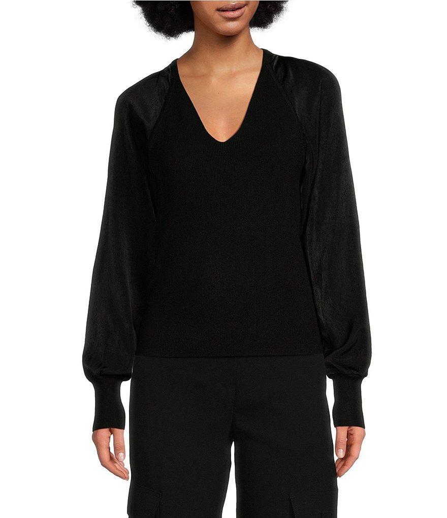 DKNY by Donna Karan Mixed Media Knit V-Neck Long Sleeve Sweater Product Image