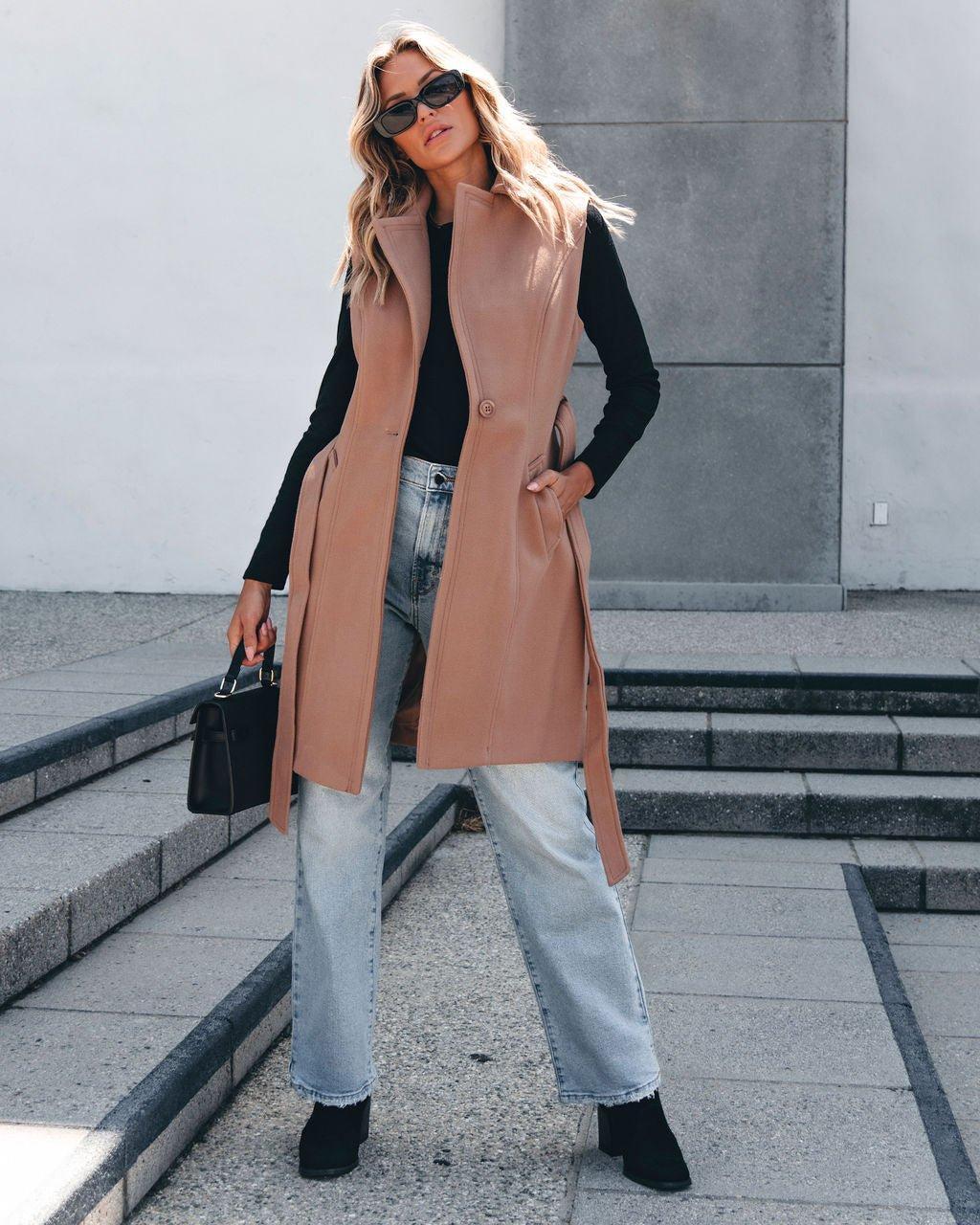 Vegan Wool Belted Vest - Khaki - FINAL SALE Product Image
