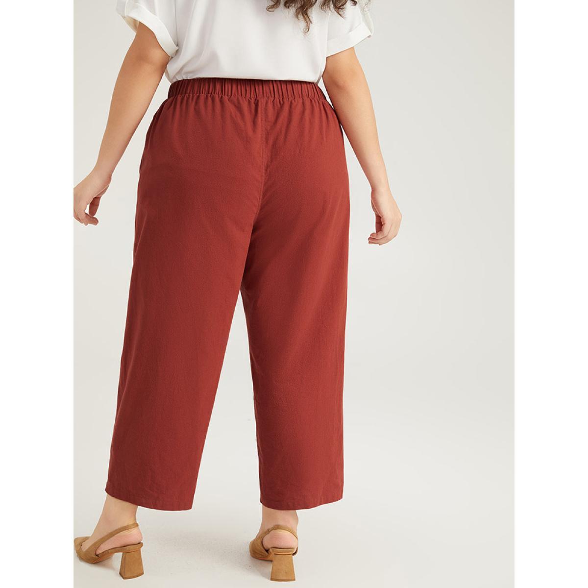 Plus Size Plain Button Up Pocket Straight High Rise Leg Pants Women Russet Casual Straight Leg High Rise Everyday Pants BloomChic 10/M Product Image