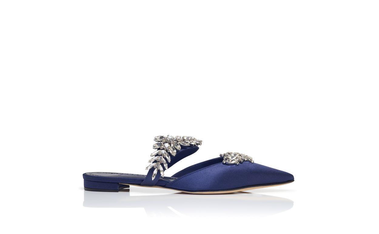 LURUMFLAT Navy Blue Satin Crystal Embellished Flat Mules Product Image
