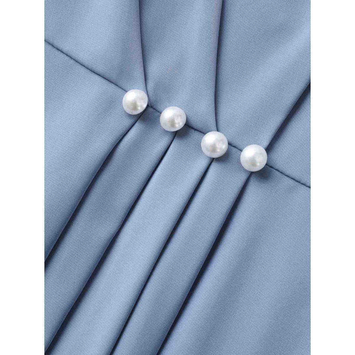 Plus Size Stone Knotted Sleeve Pearl Detail Keyhole Blouse Women Short sleeve Round Neck Work Blouses BloomChic 12/L Product Image