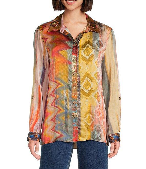 John Mark Chevron Tie-Dye Multi Print Point Collar Long Roll Tab Sleeve Button Front Blouse Product Image