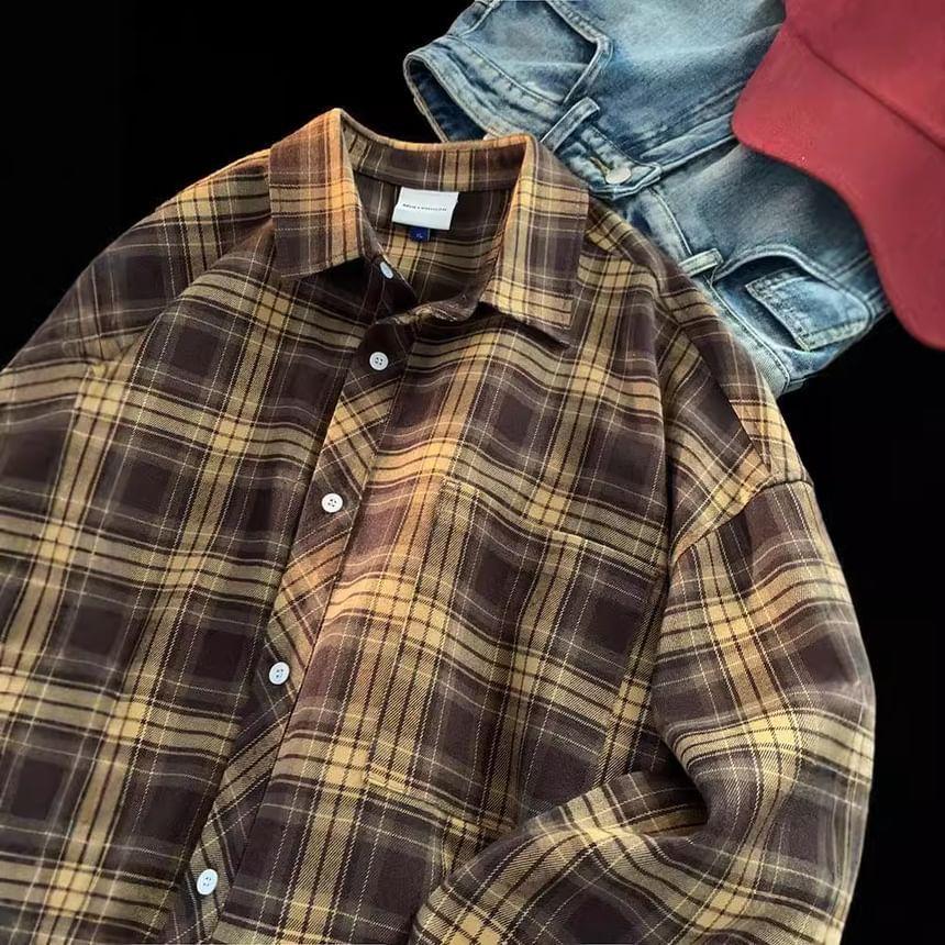 Long-Sleeve Plaid Button-Up Shirt Product Image