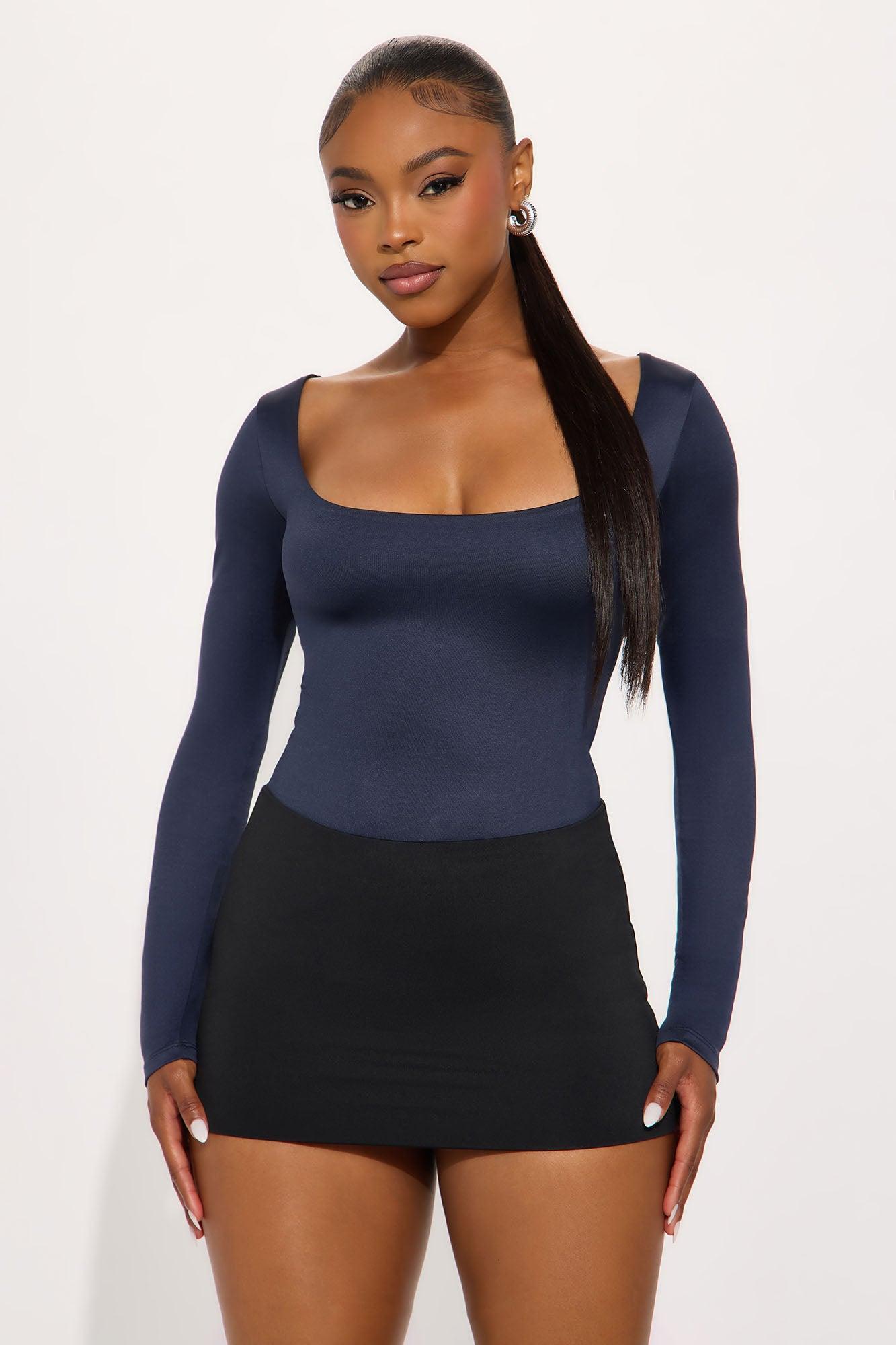 Contour Double Lined Long Sleeve Wide Scoop Neck Bodysuit - Navy Female Product Image