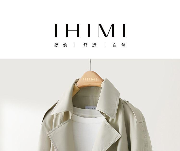 Lapel Collared Plain Double-Breasted Drawstring Waist Trench Coat Product Image