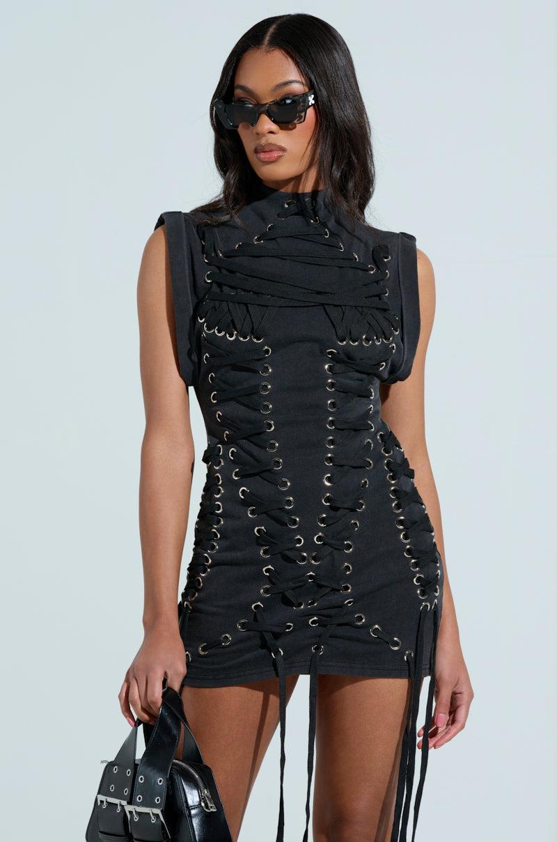 BANKS LACE UP MOCK NECK KNIT MINI DRESS Product Image