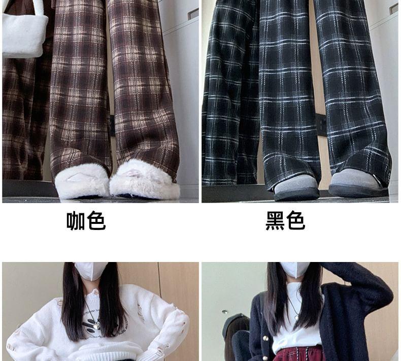 Drawstring Waist Plaid Fleece-Lined Wide Leg Pants Product Image