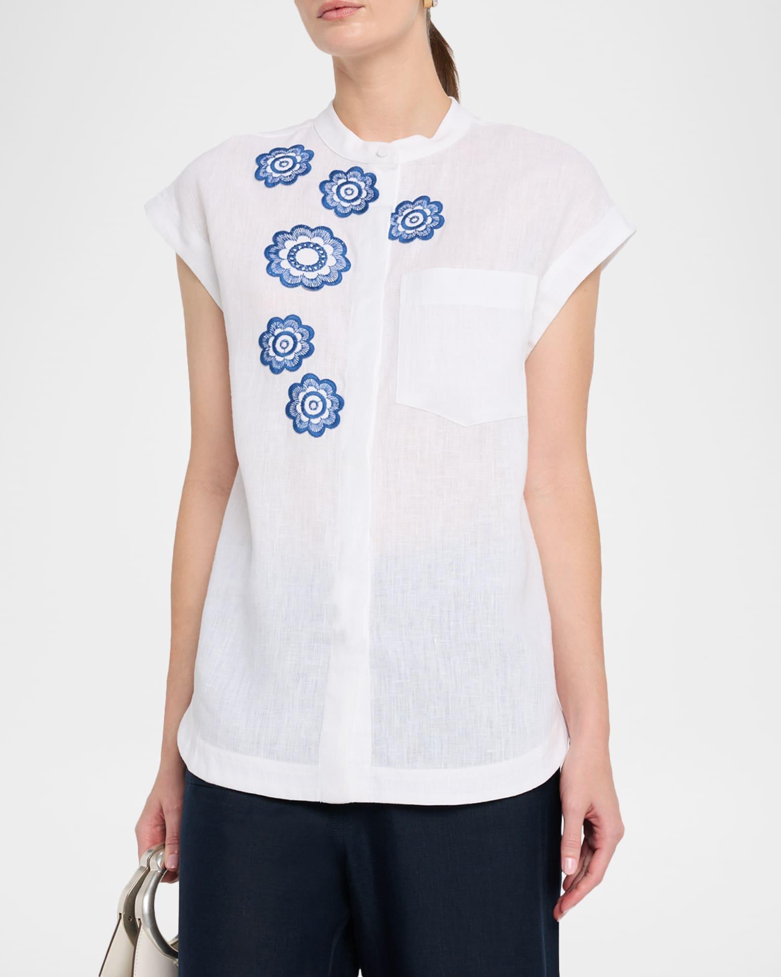 Adele Flower Embroidered Cap-Sleeve Linen Blouse Product Image