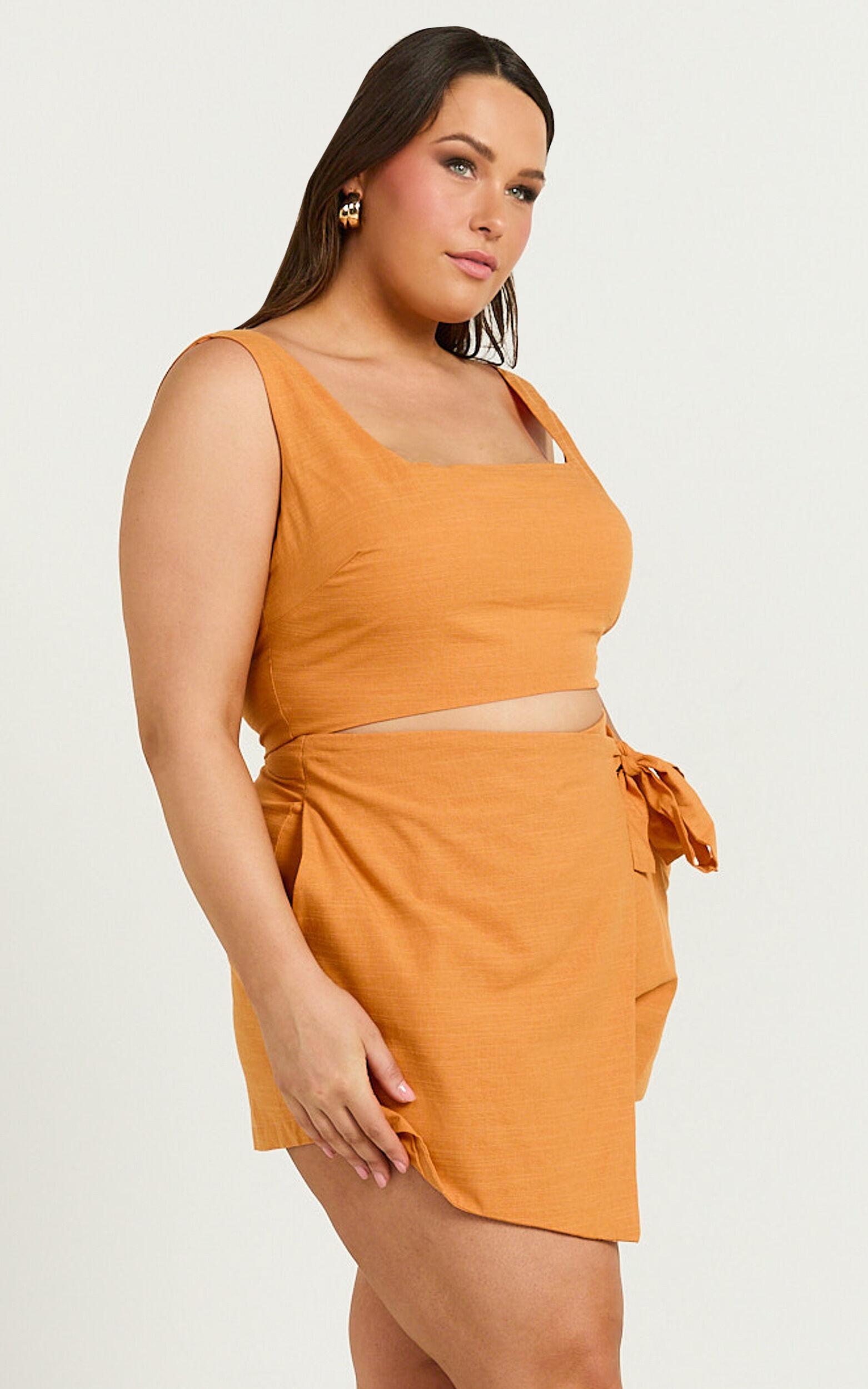 Polina Two Piece Set - Linen Square Neck Crop Top and Tie Waist Skort Set in Orange Product Image