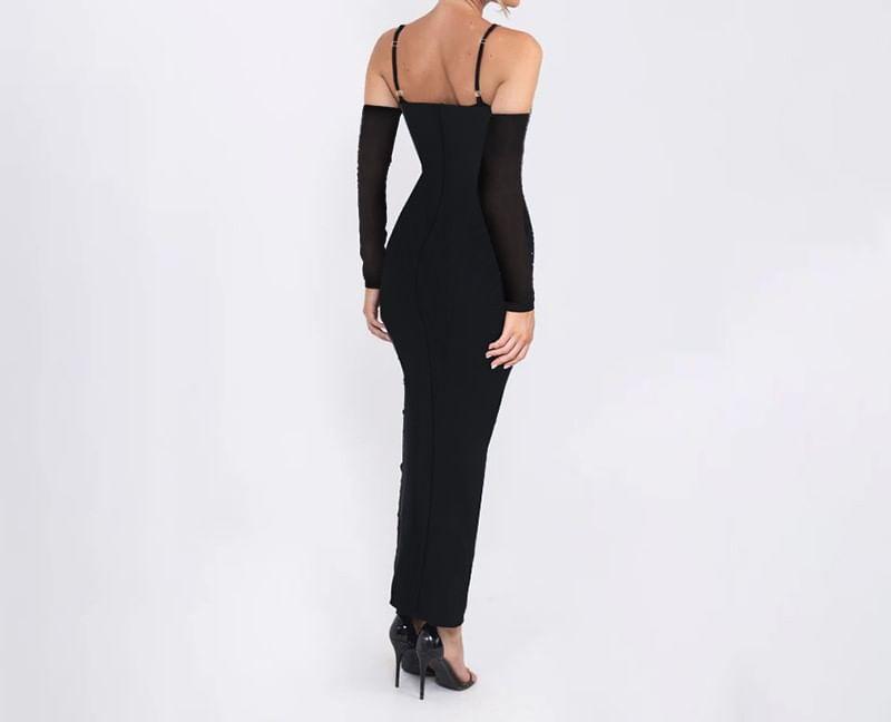 Set: Spaghetti Strap V-Neck Rhinestone Open Back Maxi Bodycon Dress + Arm Sleeves Product Image