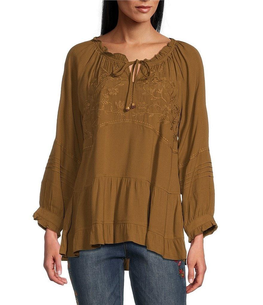 John Mark Embroidered Round Neck 3/4 Sleeve Tiered Top Product Image