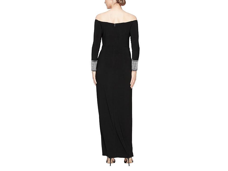 Alex Evenings Long Matte Jersey Off the Shoulder Gown with Beaded Cuff Long Sleeves Women's Dress Product Image