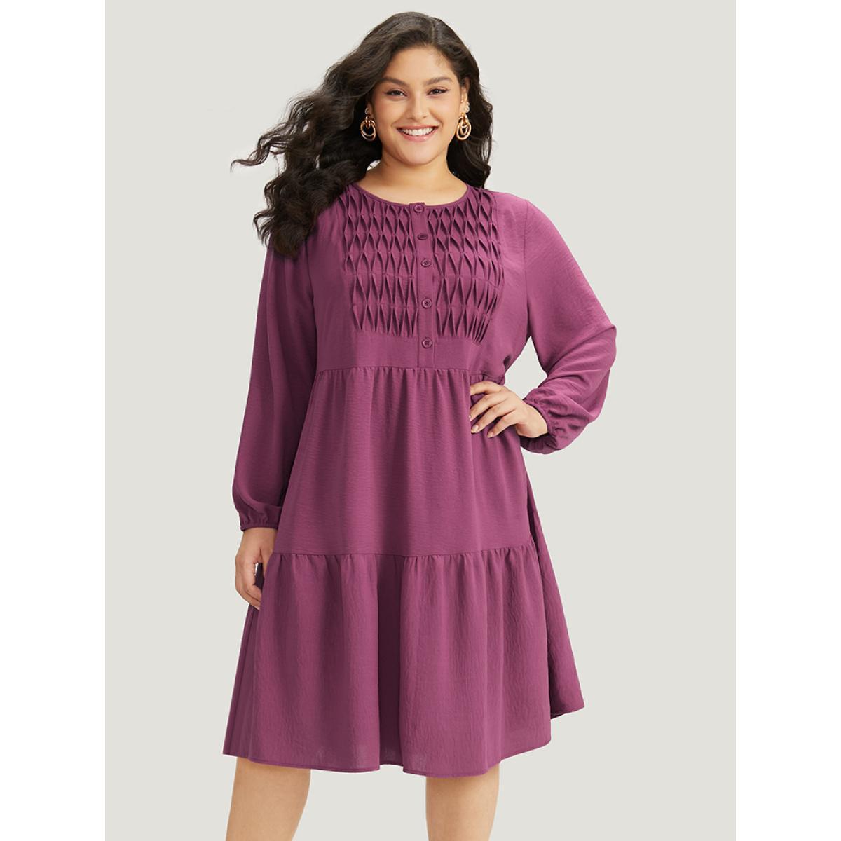 Plus Size Plain Plicated Detail Layered Hem Dress RedViolet Women Elegant Elastic cuffs Round Neck Long Sleeve Curvy Midi Dress BloomChic 30/6X Product Image