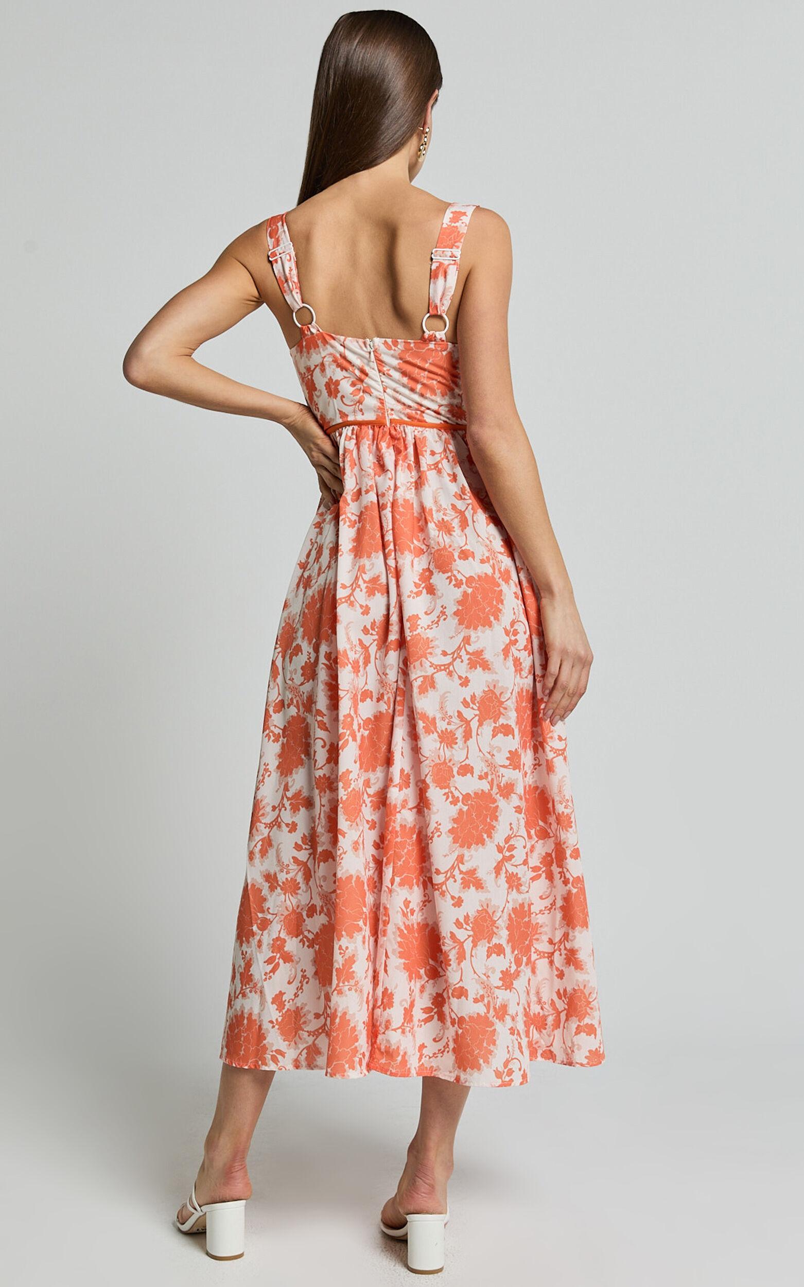 Chira Midi Dress - Front Cut Out Thigh Split Dress in Orange Floral Product Image