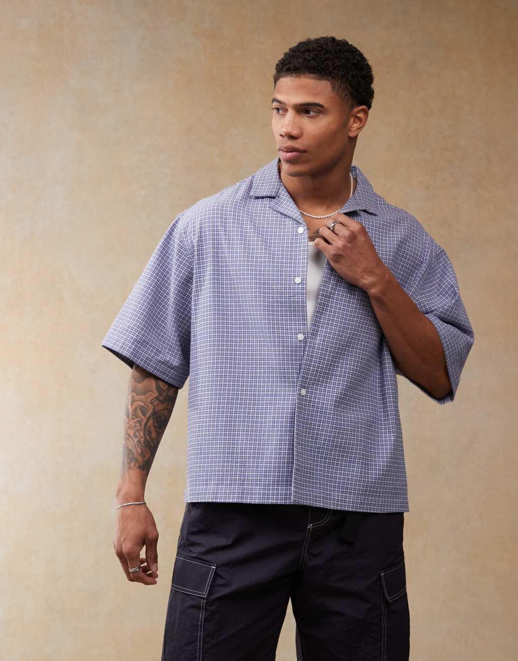 ASOS DESIGN boxy oversized shirt in blue check  Product Image