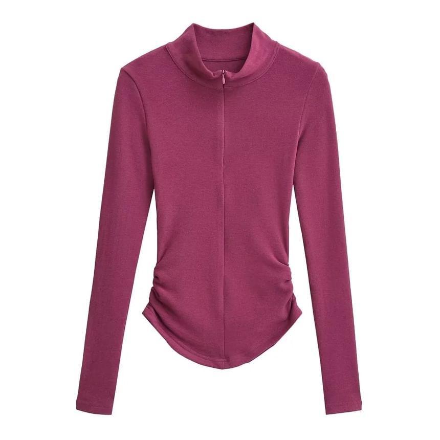 Long-Sleeve Stand Collar Plain Ruched T-Shirt / High Waist Plain Flared Pants Product Image