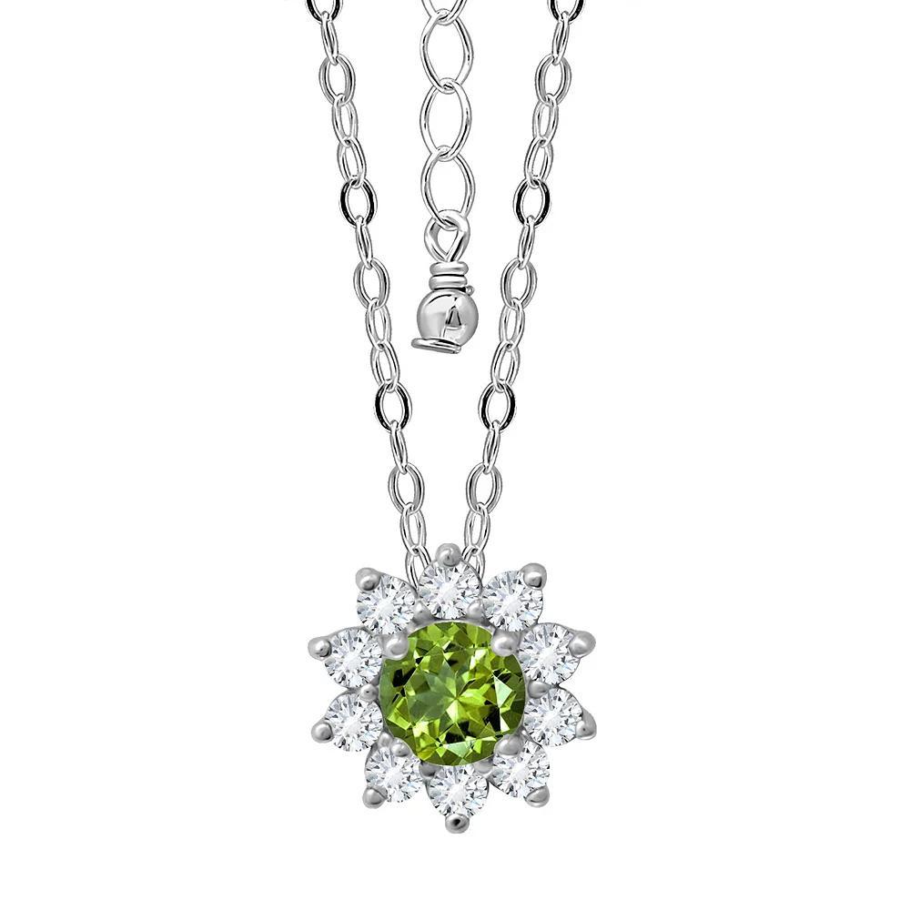 Aleure Precioso Sterling Silver Gemstone & White Topaz Halo Pendant Necklace, Women's, Size: 18", Silver Tone Green Product Image