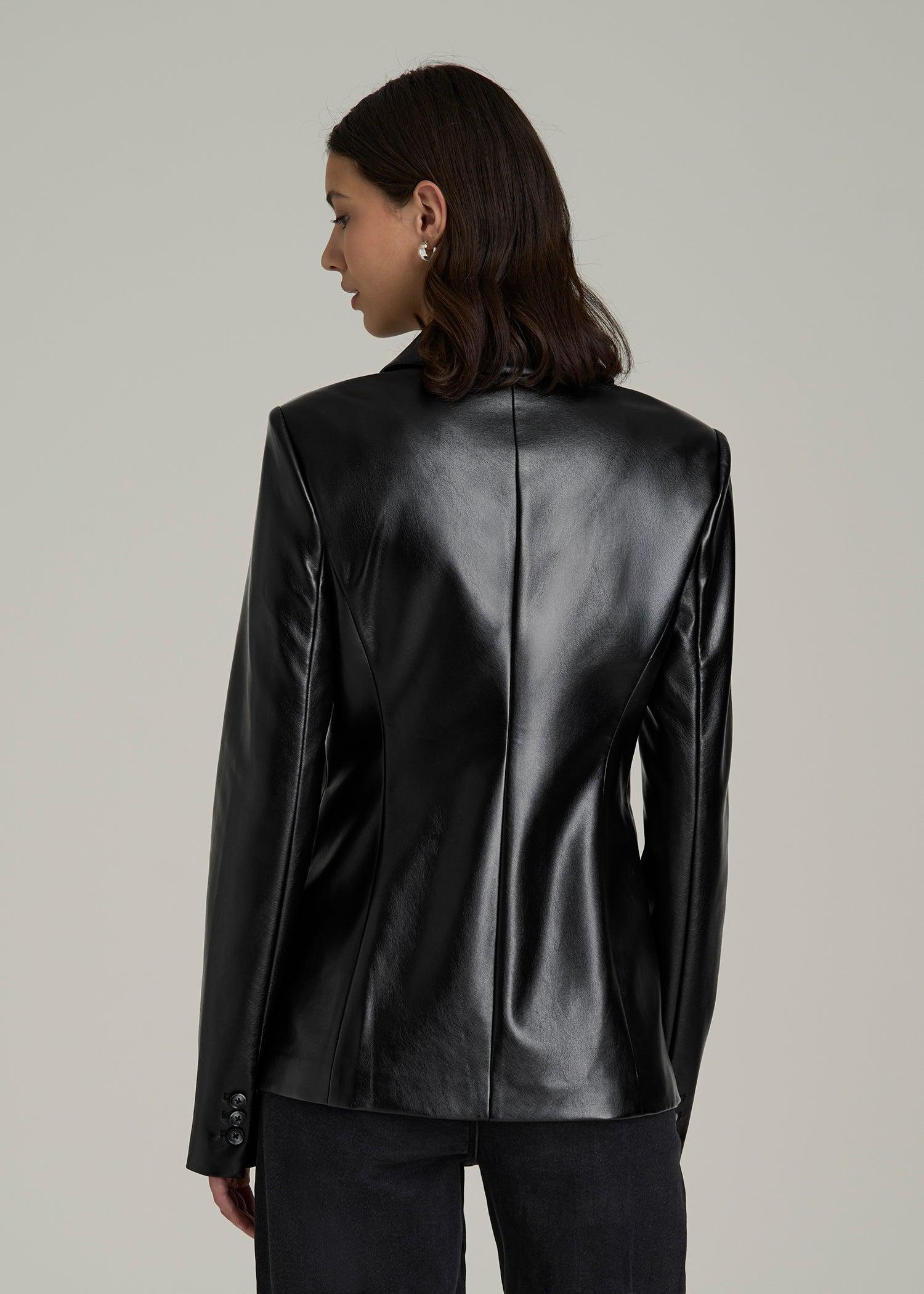 Faux Leather Double Breasted Blazer for Tall Women in Black Product Image