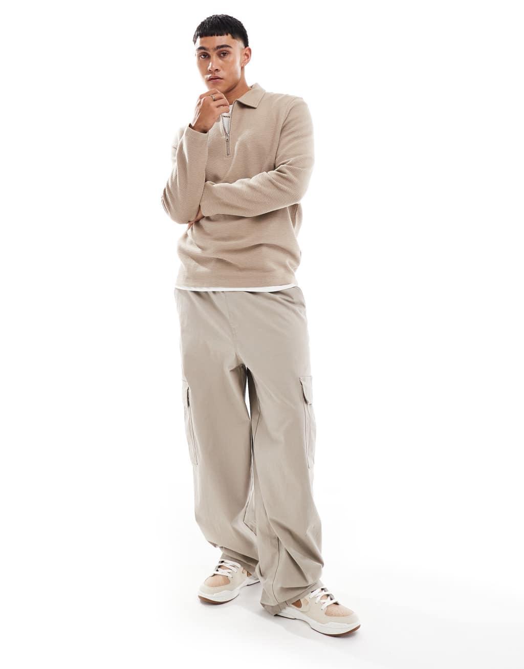 ASOS DESIGN quarter zip rib collar sweatshirt in stone Product Image