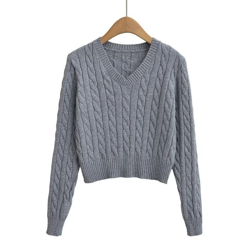 V-Neck Cable Knit Plain Crop Sweater Product Image